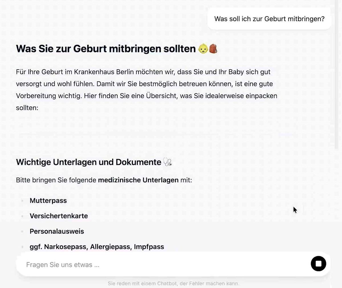 PIA-Chatbot mit einer Patientenfrage und Antwort